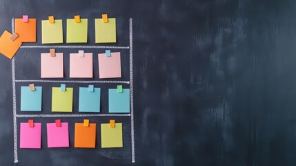 A collection of colorful sticky notes arranged on a chalkboard, showcasing a variety of shapes and sizes for organizing thoughts or tasks.
