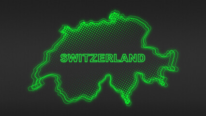 Neon Green Switzerland Map Outline Futuristic Digital Glow Halftone Illustration
