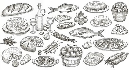Hand Drawn Mediterranean Food Set with Olive Oil, Bread, Cheese, Pasta, Fish, Vegetables, Herbs, and Wine in Vintage Sketch Style Illustration