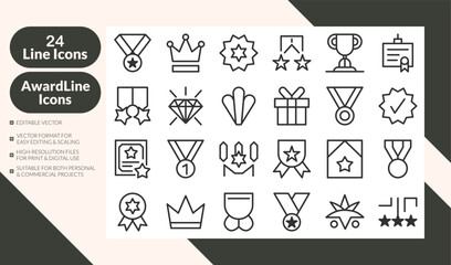 Award and reward line icons set with trophy, medal, star, crown, badge, and certificate. Perfect for apps, websites, business presentations, loyalty programs, and achievements