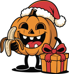 Fototapeta premium Happy Halloween Pumpkin Character with Gift and Banana Peel