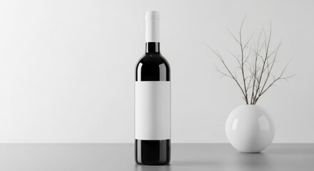 Elegant wine bottle with empty label and vase
