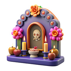 A vibrant and colorful day of the dead altar adorned with candles, flowers, and traditional decorations, creating a festive and spiritual atmosphere isolated on transparent background
