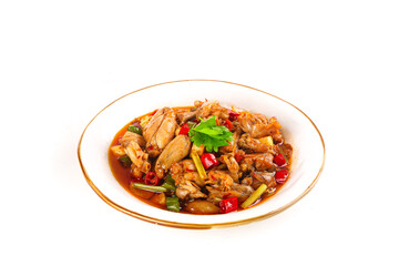 Spicy Bullfrog Stir-Fry with Chilies and Herbs on White Background