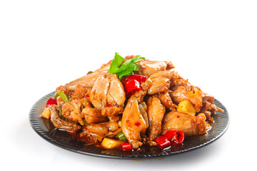 Spicy Stir-Fried Bullfrog Legs with Chili Peppers on White Background - Asian Cuisine Delicacy