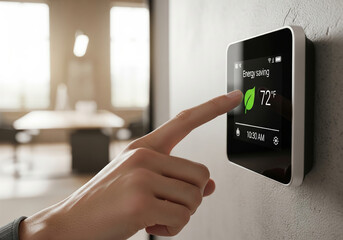 A close-up of a person's hand using the touchscreen on a modern smart thermostat to set the temperature. The screen displays a green leaf icon, indicating an energy-saving or eco-friendly mode