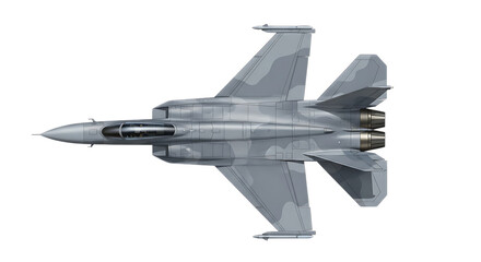 Military fighter jet flying in a clear blue sky above a coastal landscape