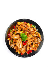 Spicy Stir-Fried Bullfrog with Chili Peppers and Vegetables in Black Bowl on White Background