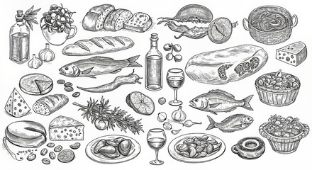 Hand Drawn Mediterranean Food Set with Olive Oil, Bread, Cheese, Pasta, Fish, Vegetables, Herbs, and Wine in Vintage Sketch Style Illustration