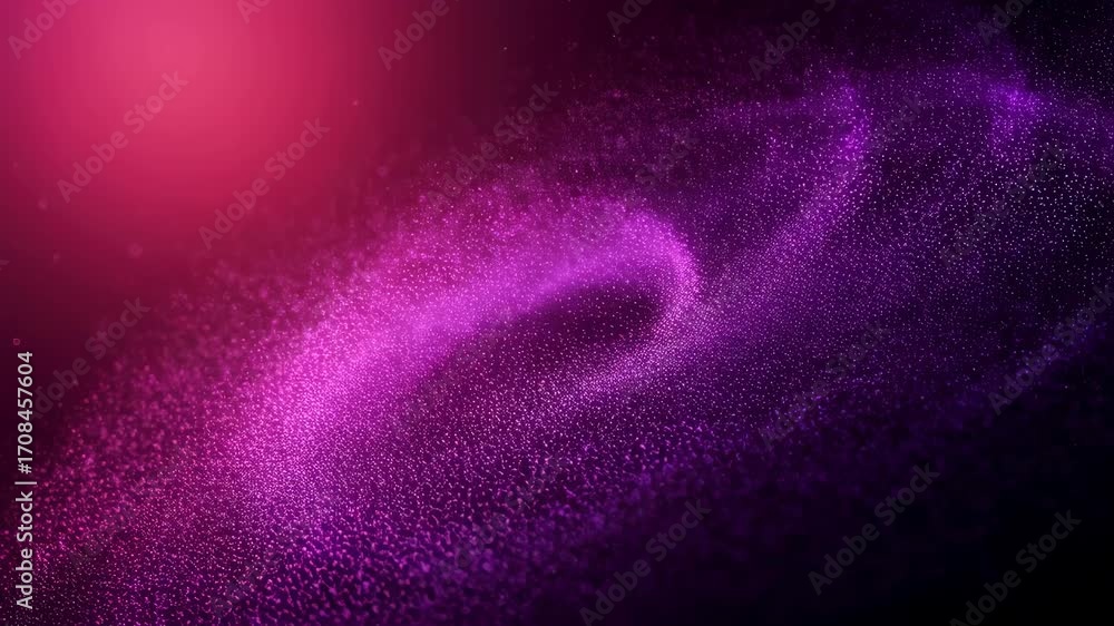 Poster flowing pink and purple glitter particles creating an abstract wavy pattern. dynamic digital data vi