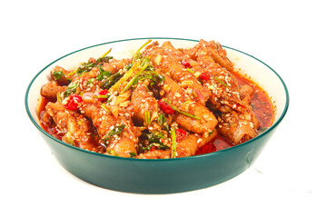 Spicy Chicken Feet with Sesame Seeds and Herbs in Bowl on White Background