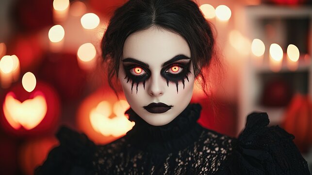 Spooky halloween makeup with glowing eyes enchanted forest portrait photography gothic vibes close-up view eerie concept