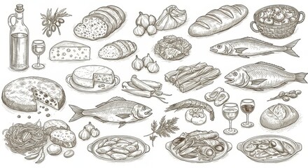 Hand Drawn Mediterranean Food Set with Olive Oil, Bread, Cheese, Pasta, Fish, Vegetables, Herbs, and Wine in Vintage Sketch Style Illustration