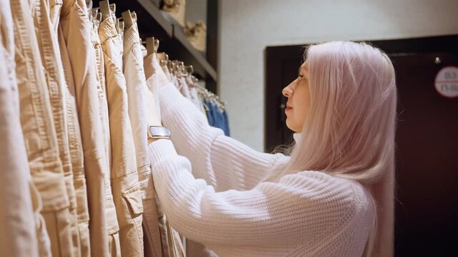Shopaholic browsing pants rack selecting pair with hanger running fingers over fabric assessing style and fit in modern boutique setting with neutral beige tones close up of hands and clothing