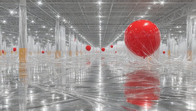 Warehouse interior, wrapped in plastic, with red balloons