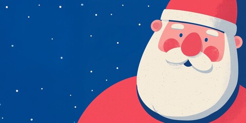 A stylized portrait of Santa Claus with a red hat, big white beard, and rosy cheeks, set against a blue background with falling snow.