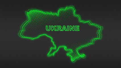 Neon Green Ukraine Map Outline Futuristic Digital Glow Halftone Illustration