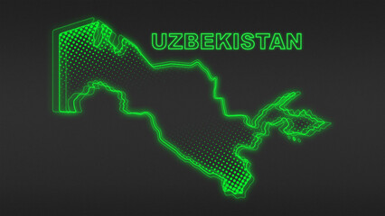 Neon Green Uzbekistan Map Outline Futuristic Digital Glow Halftone Illustration