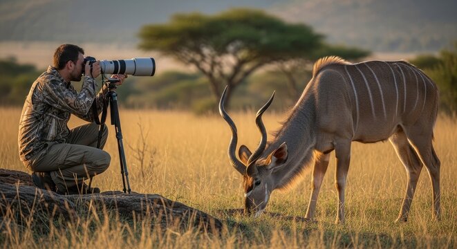 A photographer kneeling in a grassy field with a large camera, capturing a kudu grazing in the background.