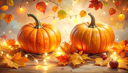 Naklejka premium Two Orange Pumpkins with Fall Leaves and Warm String Lights on a Wooden Surface Against a Soft Blurry Background