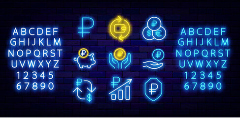 Ruble neon icons collection. Russia money. Piggy bank and exchange. Editable stroke. Vector stock illustration