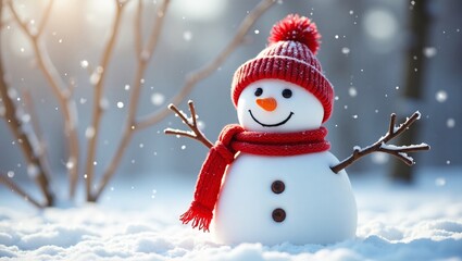 Obraz premium A cheerful snowman in a red hat and scarf stands in a snowy, softly lit scene with falling snow.