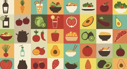 Abstract Geometric Organic Food Background with Vegetables, Fruits, Drinks, Noodles, and Salad in Flat Vector Style for Healthy Lifestyle Design