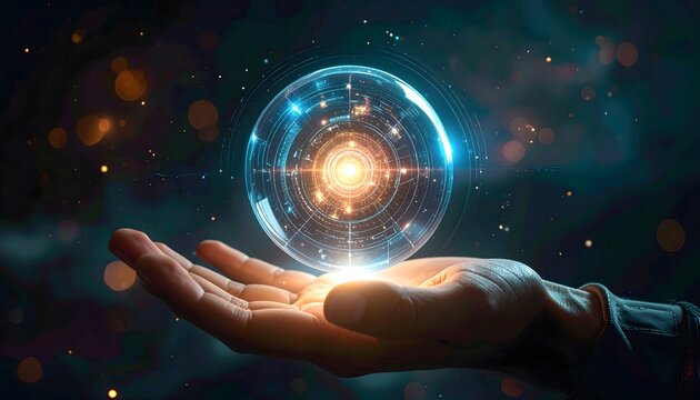 futuristic glass sphere with holographic interface floating above hand