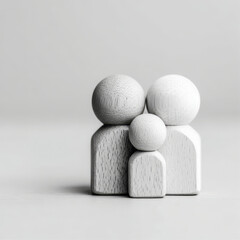 Wooden family figures, warm and supportive, representing love and unity, in grayscale with copy space