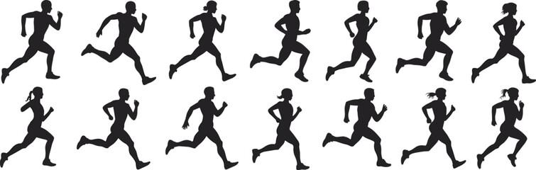 Vector Silhouette of Runners in Motion – Men and Women Running for Fitness, Sports, Exercise, Jogging, and Active Lifestyle Design