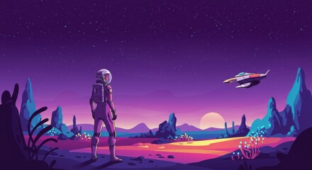 Naklejka premium A space explorer gazes at a distant spacecraft over a vibrant alien landscape under a starlit night.