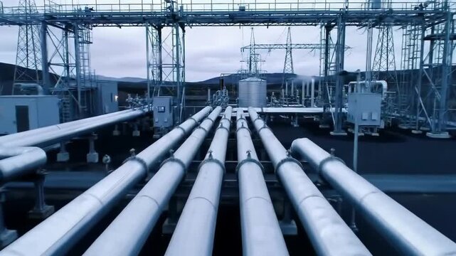 Captivating aerial view of a geothermal power plant in Iceland during twilight hours