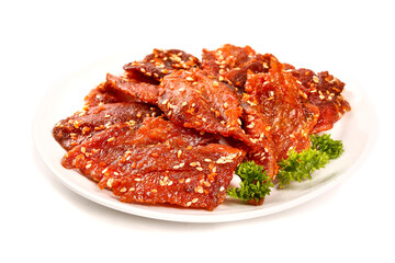 Dried Spicy Honey Glazed Croaker Fish Jerky Seafood Snacks with Sesame Seeds on White Plate