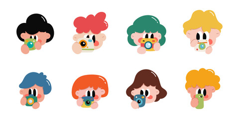 Cute cartoon kids using camera. World photography day. Vector illustration in cartoon style.