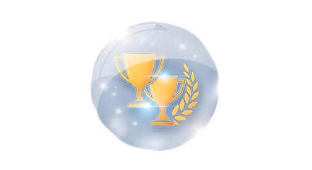 Two golden trophies and a laurel wreath on a light blue abstract background, isolated on transparent background