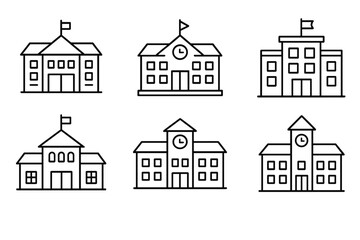 Fototapeta premium Six simple line drawings of different school buildings with flags and clocks showcasing various architectural styles