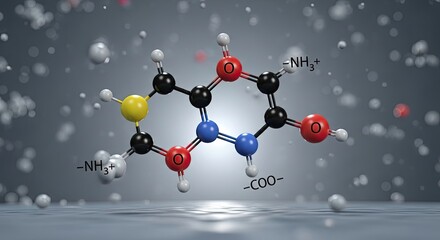 A molecular model of a complex organic compound with nitrogen, oxygen, and carbon atoms, surrounded by water molecules and a gray background.