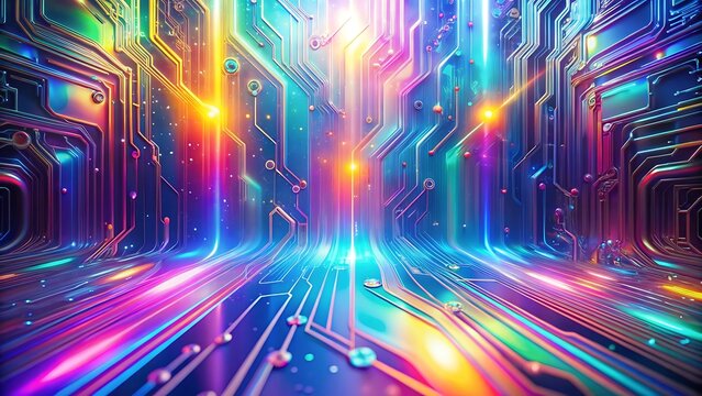 Vibrant digital circuit board with glowing neon lights and intricate pathways, symbolizing data flow and technological advancement