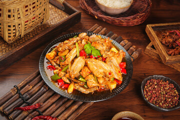 Hot Spicy American Bullfrog Frog Legs Stir-Fry with Peppers Asian Cuisine Dish