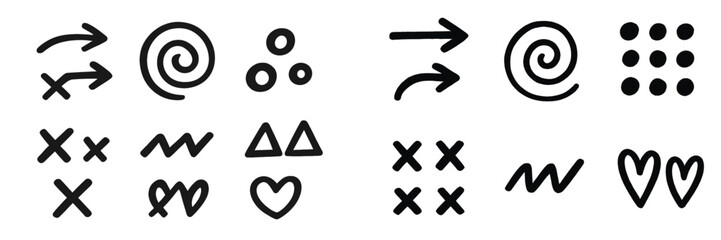 Patterns of simple shapes and lines in black and white suitable for creative design projects