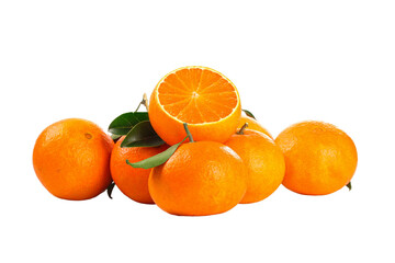 Fresh Orange Citrus Fruits with Leaves on White Background