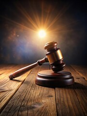 A judge's gavel rests on a worn wooden desk in a dimly lit courtroom