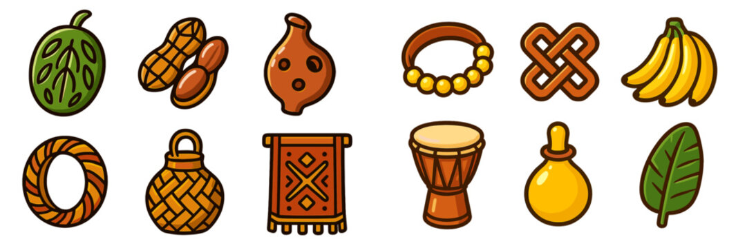 Colorful collection of traditional African crafts and fruits displayed in a creative arrangement