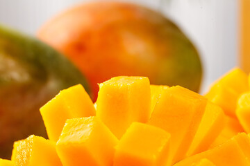 Fresh Cut Mango Cubes - Tropical Fruit Pieces with Natural Light Photography