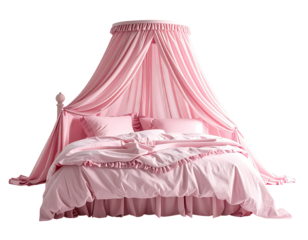 Pink canopy bed with ruffled bedding