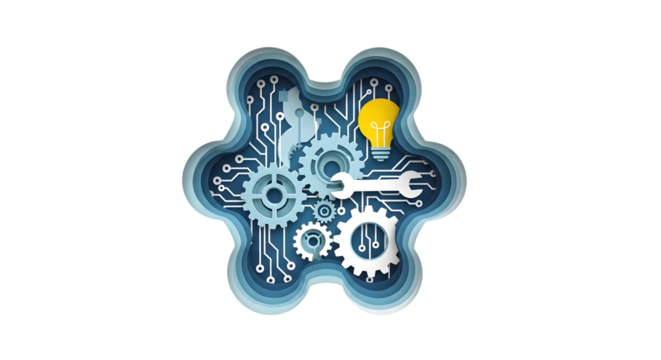 Layered paper art of gears, circuits, and a lightbulb, isolated on transparent background