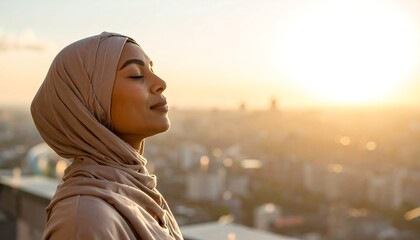 A serene woman in a headscarf closes her eyes, enjoying the golden sunlight over a cityscape at dawn/dusk