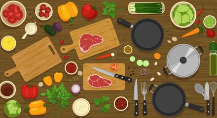 Cooking Process Background with Meal Preparation, Food Ingredients, Kitchen Utensils, and Culinary Elements in Flat Vector Illustration
