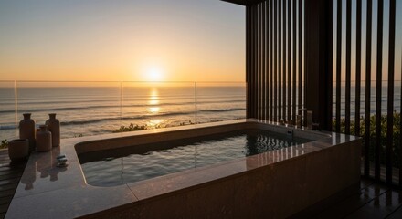 Sunrise ocean view hot tub.  Wooden slats frame serene scene