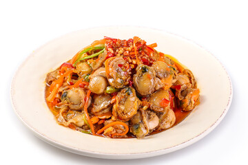 Spicy Stir-Fried Scallops with Vegetables on White Plate - Asian Seafood Dish